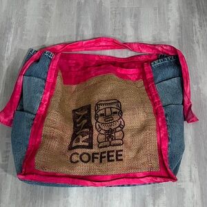 Repurposed Coffee Bean Sak Pink and Denim Embroidered XL Fabulous Tote Bag